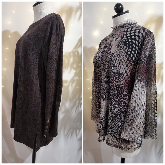 Chicos Womens Lot of 2 Animal Print Tops Size 2 L Career Office Work Shirt Set - Picture 2 of 9